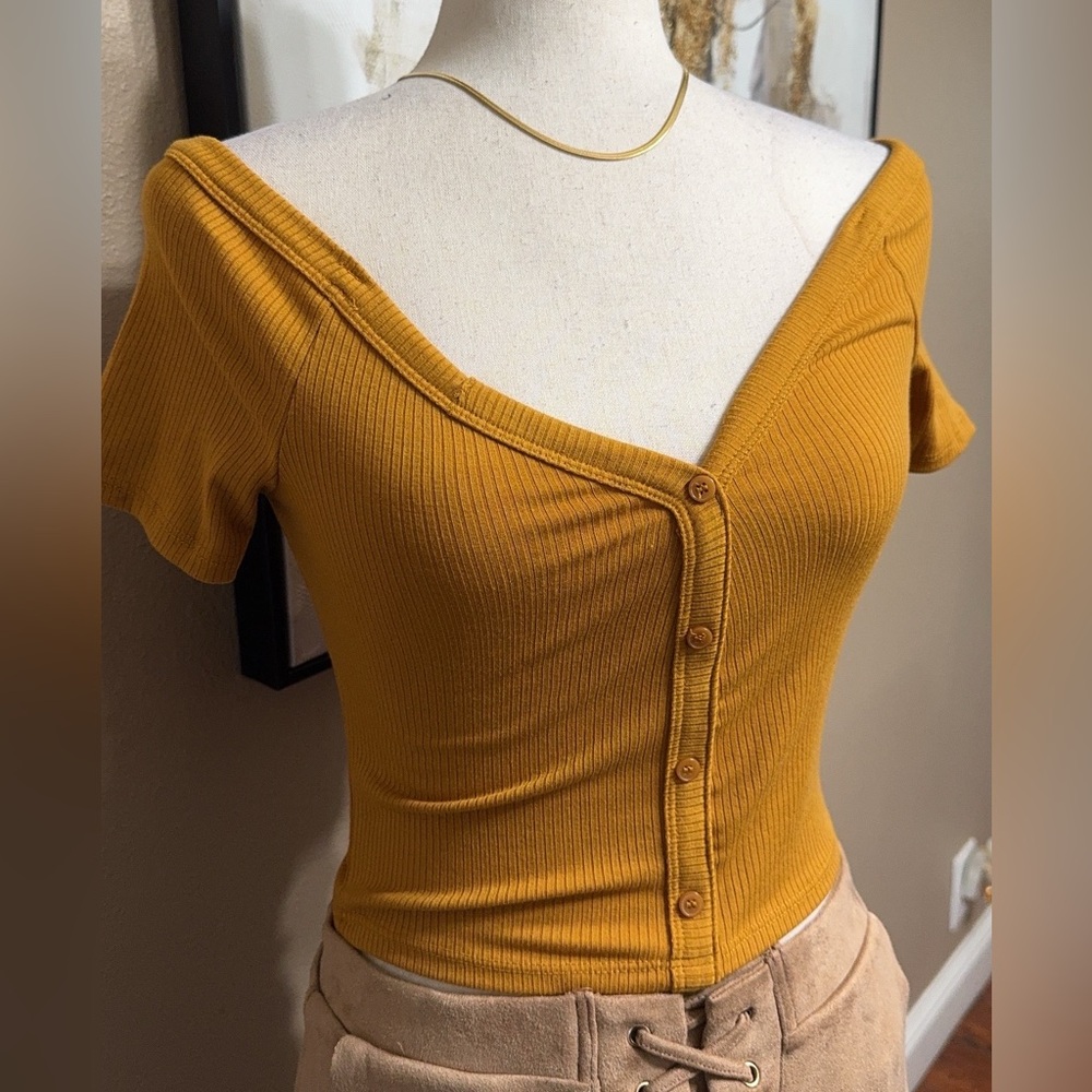 Mustard Off-Shoulder Button-Up Top